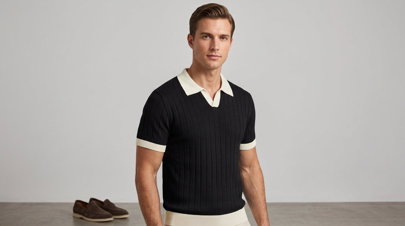 Contrast Rib Polo Noir worn